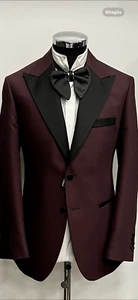 Burgundy and black wool tuxedo with silk peak lapel/ticket pocket - Picture 1 of 3