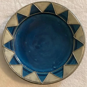 VTG Cobalt Blue Plate Redware Ceramic, Metal Rim Silver Tone, Handmade, OOAK - Picture 1 of 6