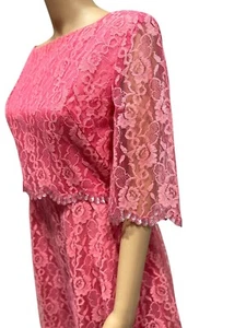 50s 60s Emma Domb Pink Allover Lace Sequin Formal Party Dress Long Gown Boatneck - Picture 1 of 7