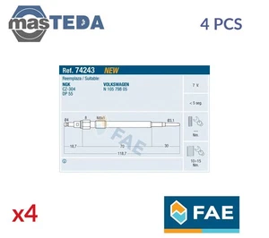 74243 ENGINE GLOW PLUGS FAE 4PCS FOR SEAT ALTEA XL,LEON,ALTEA,TOLEDO III 2L - Picture 1 of 5