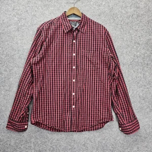 Flannel Shirt Mens Medium Red Black Plaid HAWKINGS MCGILL Chambray Trim Preppy - Picture 1 of 9