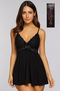 Avidlove schwarz Spitze Babydoll Dessous große transparente Rückenschleifen verstellbar - Bild 1 von 7