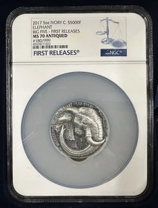 2017 Ivory Coast Elephant 5oz Silver Coin NGC MS 70 Antiqued - Picture 1 of 3