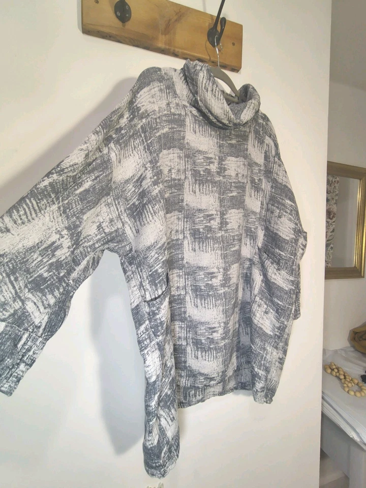 Sahara Woven Linen Greys & White Cowl Neck Top M/ L 52" Ch - Image 1 of 4