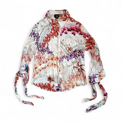 Roberto Cavalli Just Cavalli SS 2005 Floral Sea Silk Shirt With Laced Sleeves 42 - Imagen 1 de 4