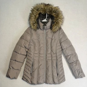 Nautica Puffer Jacket Medium Faux Fur Trim Detachable Hood Water Resistant Beige - Bild 1 von 17