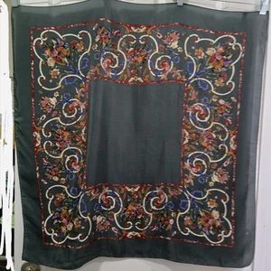 Smithsonian Institution Dark Green Floral Border Scarf Made In Italy 100% Silk - Picture 1 of 6