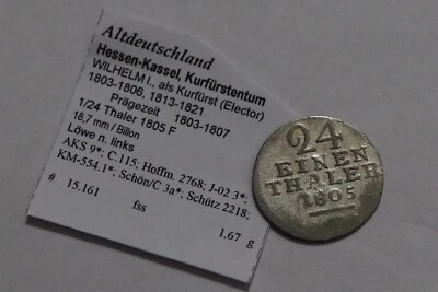 🧭 🇩🇪 GERMANY HESSE-CASSEL 1/24 THALER 1805 F SILVER B79 #W26 - Image 1 of 2