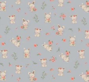 Kinderstoff - grau süß Hase & rosa Blumenmuster - Bio Baumwolle Handwerk Stoff - Bild 1 von 5