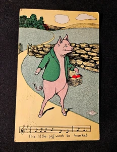 KINDERREIM Dieses kleine Schweinchen ging auf den Markt um 1909 VINTAGE Litho POSTKARTE - Bild 1 von 2