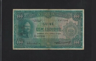 PORTUGAL PORTUGUESE GUINEA 100 ESCUDOS 1964 P- 41 VF RARE SIGNATURE - Image 1 of 2