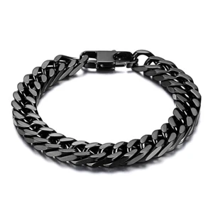 Mens Biker 10MM Wide Black Heavy Stainless Steel Curb Link Chain Bracelet 8" - Picture 1 of 8