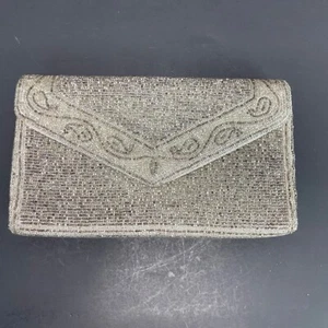 Silver Beaded Clutch Formal Purse 90s Ornate Metallic Silver Gray Tote Vintage - Picture 1 of 12