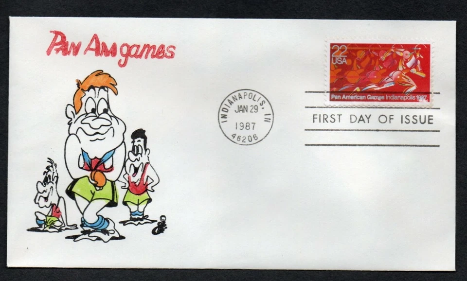 USA 1987 FDC HAND PAINTED RICHARD ELLIS ANIMATED PAN AMERICAN GAMES RUNNER - Image 1 of 1