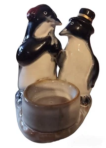 Vintage Ceramic Penguin Couple Tea Light Candle Holder Top Hat Ear Muffs - Picture 1 of 4