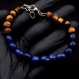 Precioso brazalete con cuentas de lapislázuli azul y ojo de tigre dorado 74,00 quilates VK 36 E640 - Imagen 1 de 3
