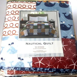 Nautical Quilt Queen Polyester Cotton 86 in x 86 in Whales Stars Plaid New - Picture 1 of 4