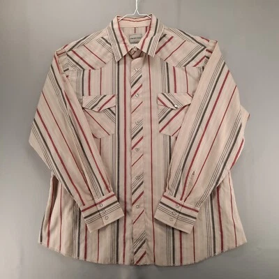 Frontier Shirt Mens XL Beige Stripe Long Sleeve Pockets Western Pearl Snap - Image 1 of 4