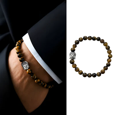 Bracciale buddha buddismo argento con Pietre dure Occhio di Tigre perle da Uomo - Immagine 1 di 4