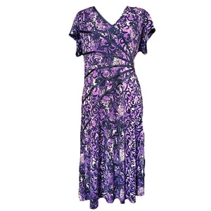 Connected Apparel Purple Black Floral Fit & Flare Midi Dress Size 12 Whimsigoth - Picture 1 of 10