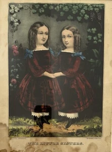 Antique CURRIER & IVES "The Little Sisters" Framed Lithograph Original Hand Tint - Picture 1 of 6