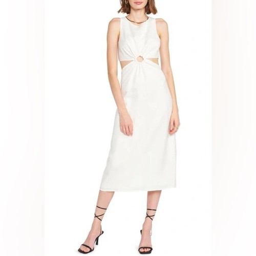 OFF WHITE Abito midi EN SAISON Sophie senza maniche ritagliato misto lino bianco sporco nuovo con etichette S difetto*