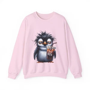 Funny Coffee Penguin Sweatshirt “Cold Brew” Unisex Cozy Winter Pullover - Picture 1 of 21