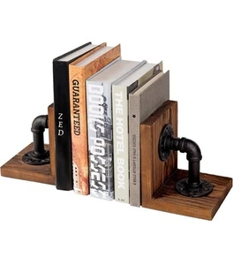 MyGift 2 Piece Set Dark Brown Rustic Wood and Industrial Pipe Desktop Bookends - Picture 1 of 6