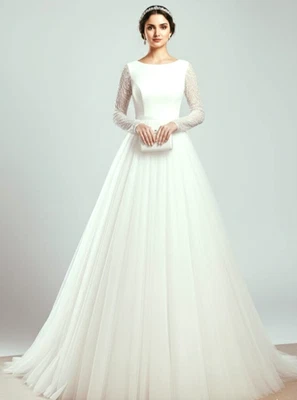 Boat Neck Wedding Dress Lace Full Sleeves White A-Line Floor Length Bridal Gown - Image 1 of 4