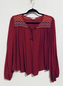 Staffelei Top Damen groß rot bestickt Bauern Krawatte Ausschnitt Puffärmel Boho Hippie - Bild 1 von 6
