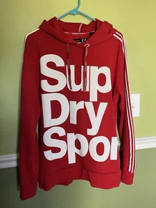 VINTAGE Y2K SUPERDRY JAPAN COMBAT Spell Out RED HOODIE Sweatshirt Large - Picture 1 of 3