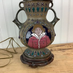 Antique Turn Teplitz Amphora Art Pottery Vase Lamp Male Swan Figure 2 Spouts - Picture 1 of 10
