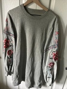 Damen Driftwood Dani Long Pullover Gr. L bestickt grau Boho Blumen - Bild 1 von 8