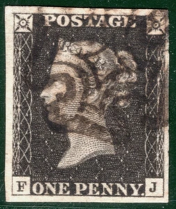 PENNY BLACK 1840 QV SG.2 1d Plate 1b (FJ) Used MX Cat £400 {samwells}REDG30 - Picture 1 of 6