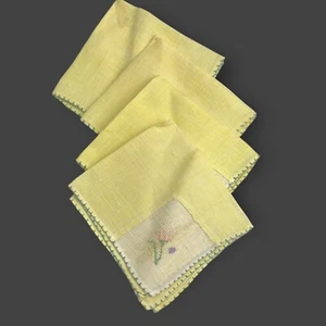 VTG Set of 4 Hankies Napkins 8.5" Square Light Yellow Linen Floral Embroidered - Picture 1 of 3