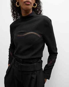 A.L.C. NWT $450 Black Holly Open-Stitch Mock Neck Long Sleeve Top Sz 6 - Picture 1 of 13