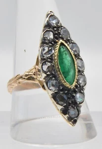 Anello antico oro 14 Kt-argento con rose di diamanti e radice di smeraldo - Foto 1 di 6
