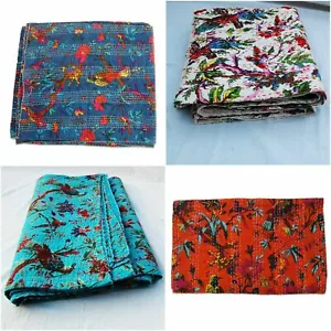 Indian Vintage Handmade Bird Print Kantha Quilt Reversible Blanket Bedspread Art - Picture 1 of 47