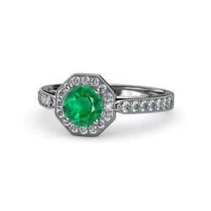 Round Emerald Diamond Milgrain Women Halo Engagement Ring 14K Gold JP:55845 - Picture 1 of 4