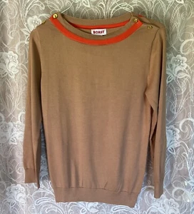 Boast Light Brown Trim Gold Buttons Patches Cotton Boatneck Sweater Size L New - Picture 1 of 12