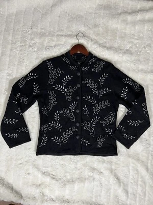 Chaqueta Covelo 100 % lana con patrón de hojas y botones delanteros para mujer mediana, negra Foto 1 de 4