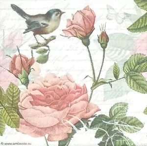 S300# 3 servilletas de papel pequeñas individuales para decoupage pájaro con rosas collage de guiones - Imagen 1 de 4