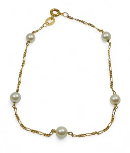 Solid 14ct Yellow Gold 18.5cm 7" Bracelet 5mm Pearl 1mm Figaro Chain Link Italy - Bild 1 von 11