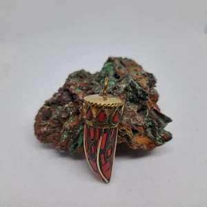 Tibetan Brass Red Coral Hand Inlayed Horn Tooth pendant 2 1/8" L x 3/4" - Picture 1 of 18