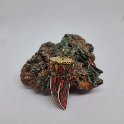 Tibetan Brass Red Coral Hand Inlayed Horn Tooth pendant 2 1/8" L x 3/4"  - Image 1 of 4