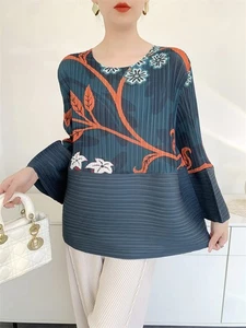 Nuevo Top Plisado Informal Estampado Cuello Redondo de Moda Plisado - Imagen 1 de 16