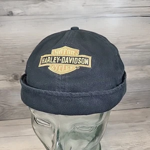 VTG Harley Davidson Docker Cap Brimless Hat Skull Biker Black Corduroy Embroider - Picture 1 of 7