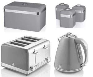 SWAN Retro Grey Jug Kettle 4 Slice Toaster Breadbin & Canisters Matching Set - Picture 1 of 9