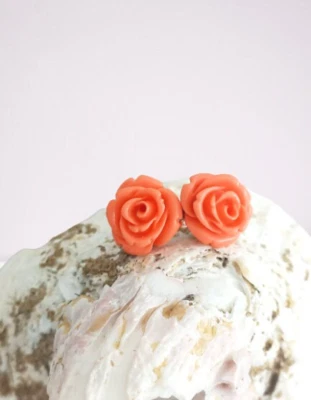 ORECCHINI CORALLO ROSA e ARGENTO 800 Pink CORAL ROSE EARRINGS in STERLING Italy - Immagine 1 di 4