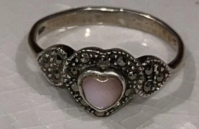 Gothic Marcasite  MOP Heart Promise Love Ring Sterling Steampunk Vintage 7.5 - Image 1 of 4